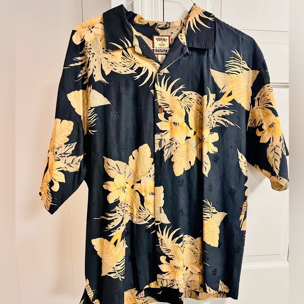 Tommy Bahama L silk and cotton floral shirt.